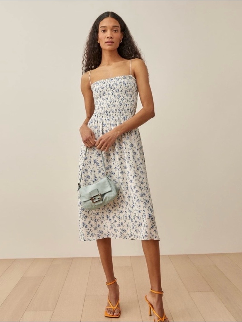 Reformation White Floral Smocked Midi Dress With Blue Print